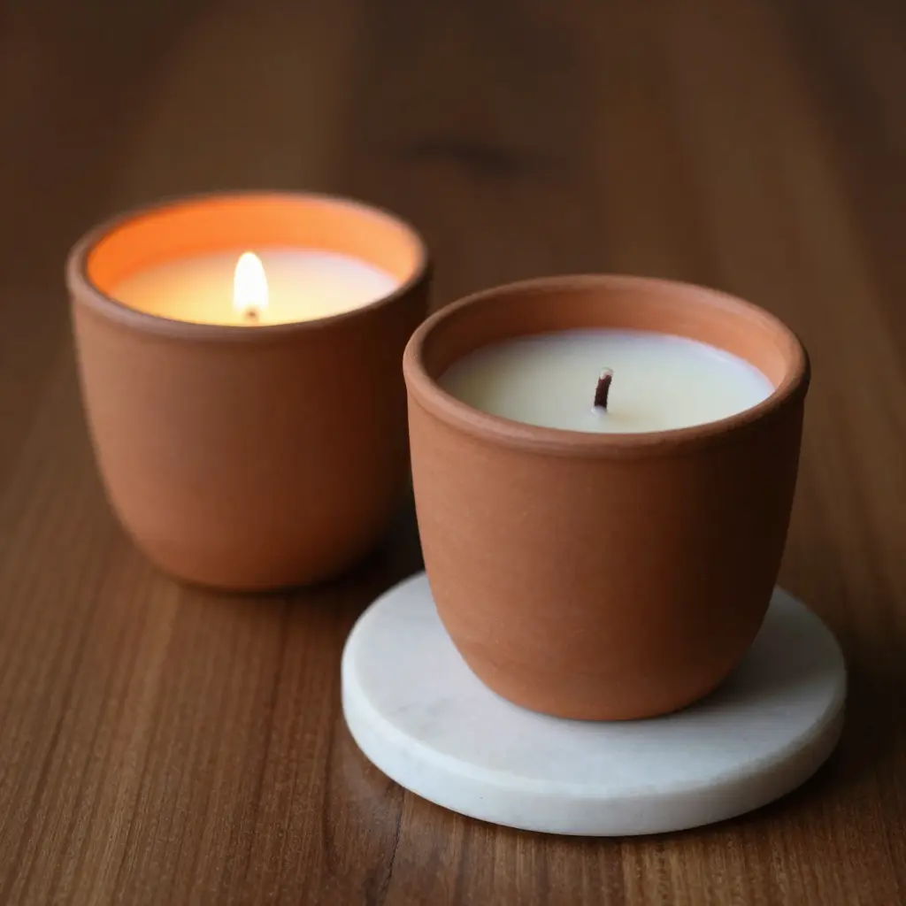 Handcrafted scented candle with terracotta and marble decor